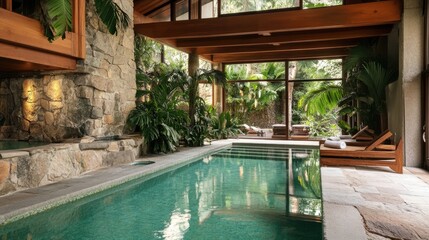 Serene indoor pool surrounded by lush greenery in contemporary tropical spa retreat with wooden accents