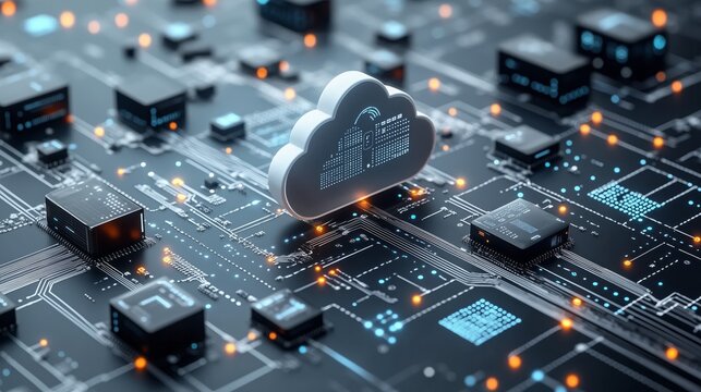 Cloud computing managing data on futuristic circuit board