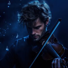 Fototapeta premium Elegant portrait of a British musician performing with a violin under cosmic lights