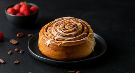 Delicious iced cinnamon roll with fresh strawberries on black plate