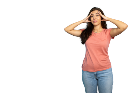 Young woman with casual clothes holding head with hands, stressed and frustrated
