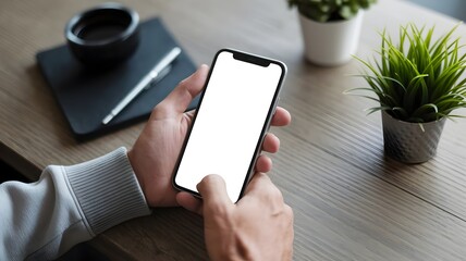 Mockup of Hand Holding Smartphone with Blank Screen at Desk with Laptop and coffee