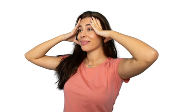 Stressed female pressing temples, experiencing migraine pain, isolated on transparent background