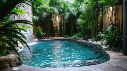 Tranquil Indoor Pool Surrounded by Lush Greenery and Modern Architecture for Relaxation and Wellness