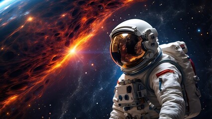 A dark black hole surrounded by a fiery, glowing accretion disk in space.