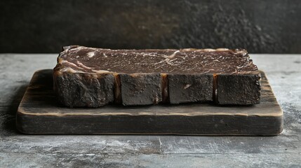 Overcooked rib eye steak resting on wooden cutting board