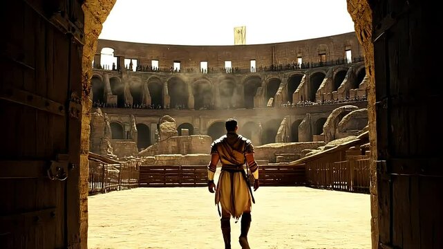 Powerful gladiator standing in ancient Roman arena surrounded by dramatic historic ambiance and dusty sunlight
