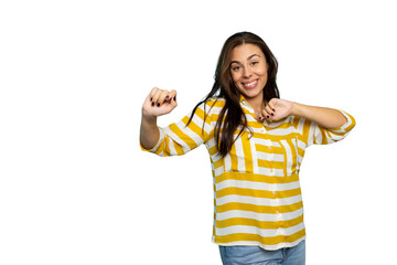 Cheerful woman dancing, expressing joy with vibrant movement