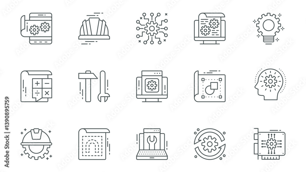 Poster engineering service icons set in outline stroke design for web. pack line pictograms with app develo