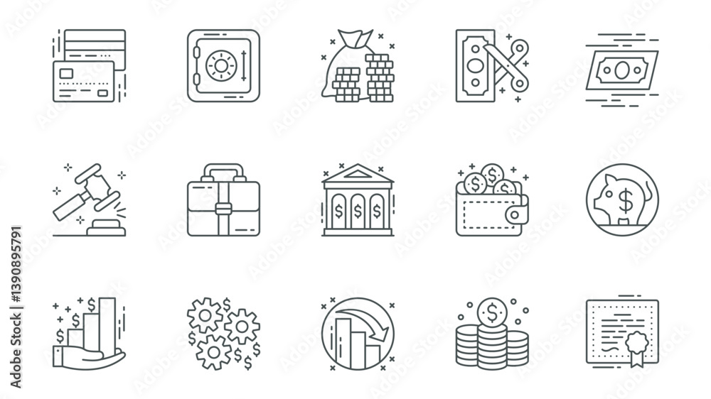 Poster finance and banking icons set in outline stroke design for web. pack line pictograms with credit car