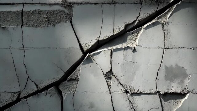 House wall with grey plaster and dark cracks.