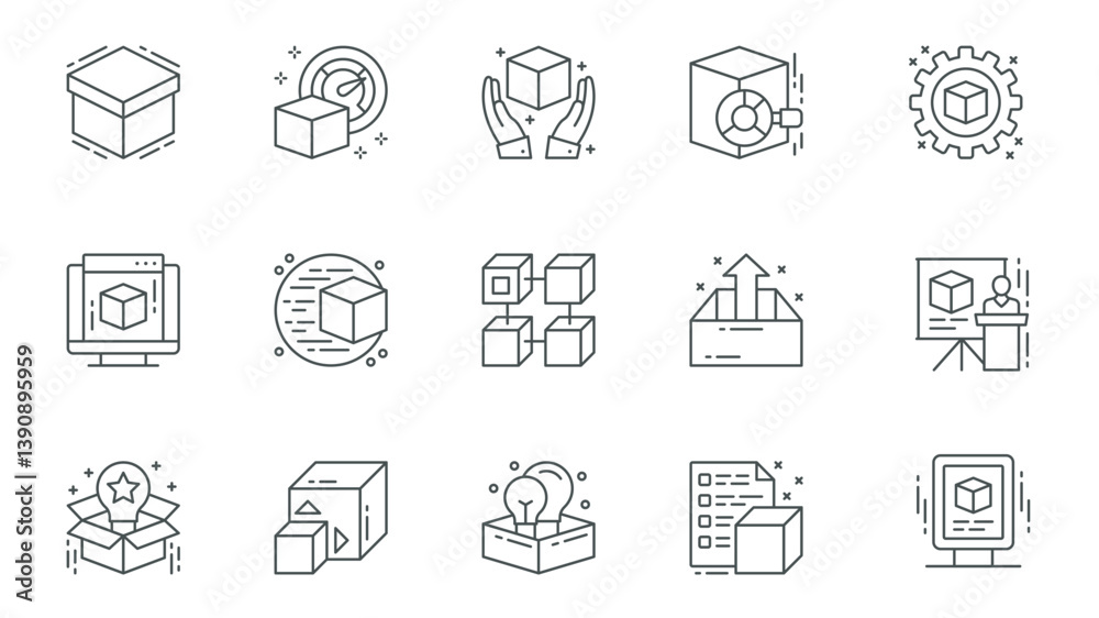 Poster product launch icons set in outline stroke design for web. pack line pictograms with box, research, 