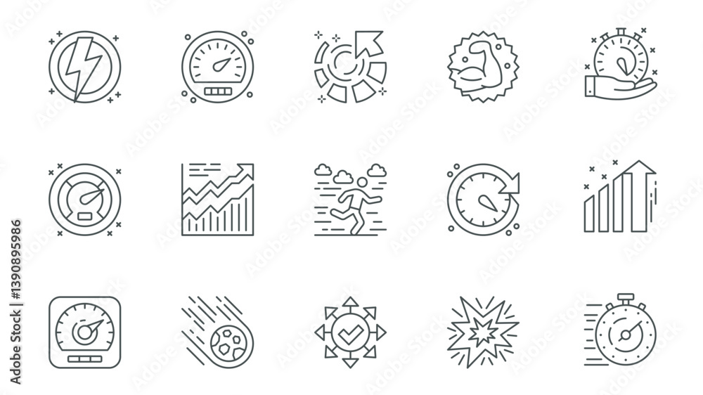Poster productivity work icons set in outline stroke design for web. pack line pictograms with fast, lightn