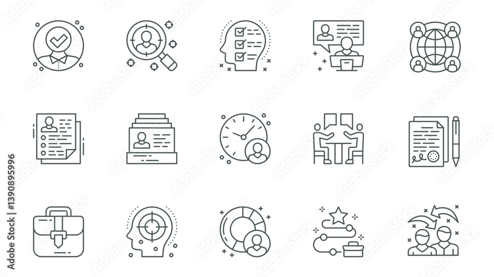 Poster recruitment icons set in outline stroke design for web. pack line pictograms with candidate approve,