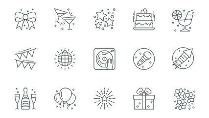 Party icons set in outline stroke design for web. Pack line pictograms with gift bow, champagne, stars, birthday cake, cocktail, garland, disco ball, dj music, karaoke, other. Vector illustration.