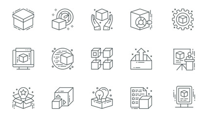 Product launch icons set in outline stroke design for web. Pack line pictograms with box, research, process, production, component, brand promotion, module, presentation, other. Vector illustration.
