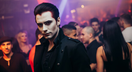 Young caucasian male in stylish outfit at energetic nightclub gathering