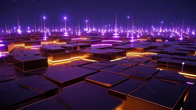 Futuristic neon lit grid of glowing hexagons and vertical light pillars, creating a cyberpunk inspired environment, abstract technology background, virtual reality, data concept in digital design.