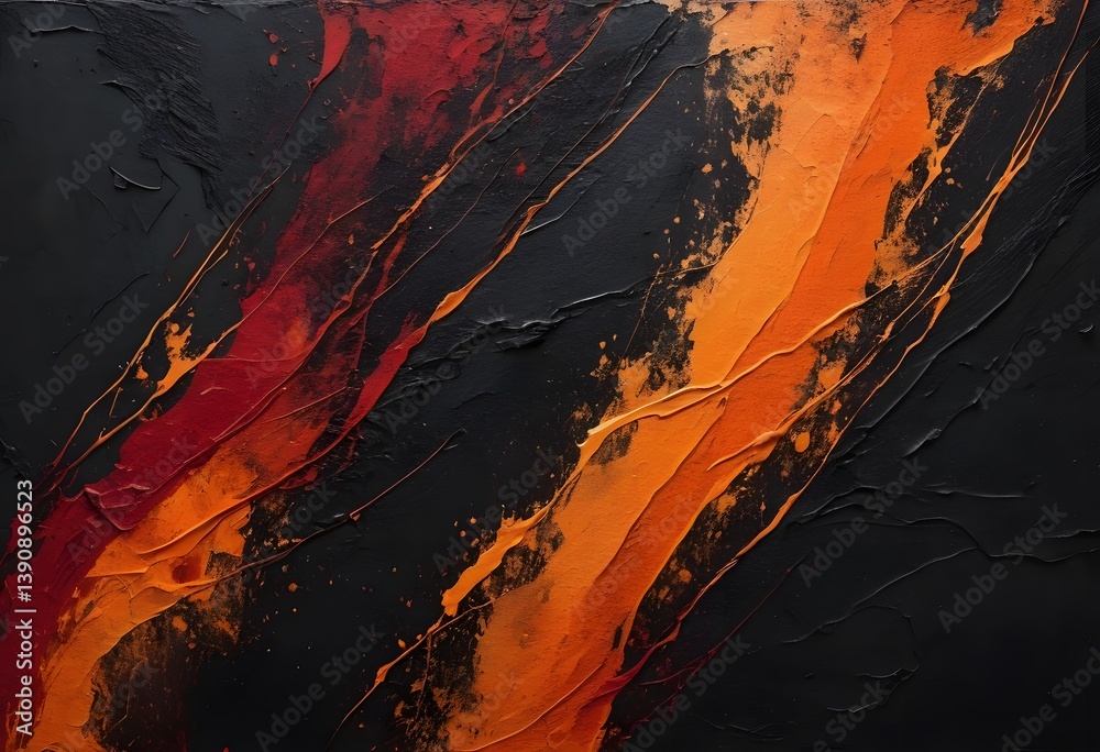 Fototapete Abstract Texture, Dark Tones With Fiery Streaks. Grainy Background With Depth. Dynamic Light Interplay Creates A Sense Of Warmth. Great For Design Projects.