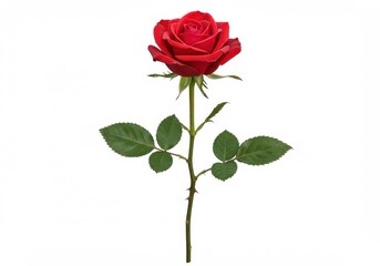 A single red rose with green stem and leaves isolated on a plain white background in full view