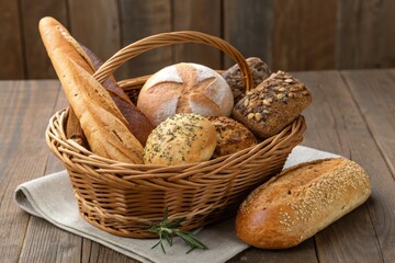 Freshly Baked Bread Assortment in a Rustic Basket Display Generative AI