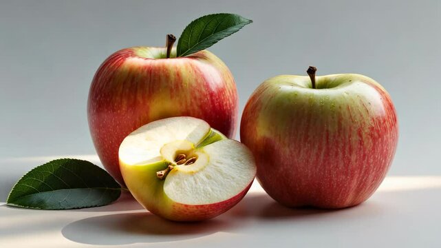 Honey crunch apples and a quarter isolated on a white backdrop with a leaf for packaging design.