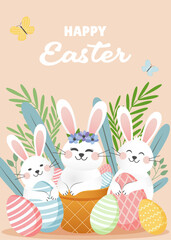 Cute Easter bunnies with colorful eggs and spring leaves on pastel background. Adorable cartoon rabbits in basket with flowers and butterflies. Happy Easter holiday illustration for greeting cards.