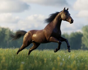 Fototapeta premium Photorealistic image of a horse galloping across a field cinematic grading high detail 8k resolution proportionate anatomy