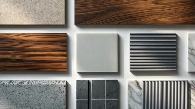 Interior material selection showcasing artificial stone, corrugated glass, grey walnut veneer or laminate, and white marble tile sample displayed on a white background with clipping path.
