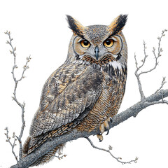 A Beautiful Great Horned Owl Perched on a Tree Branch Isolated on Transparent Background