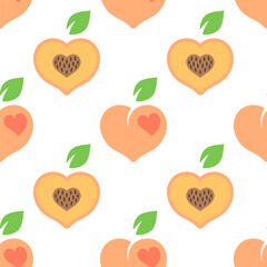 Seamless pattern with cute peaches on a white background. Heart shaped peaches background in flat cartoon style. Valentines Day pattern with peach hearts for wrapping paper, textiles prints etc.