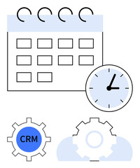 Calendar with highlighted grid, clock, and gears symbolizing CRM integration and workflow automation. Ideal for scheduling, project management, time tracking, efficiency, organization, digital tools