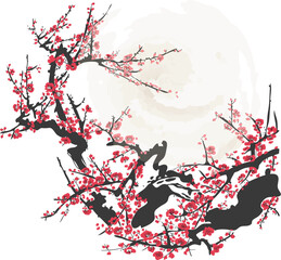 Realistic Sakura Blossom - Japanese Cherry Tree. Artistic Branch Plum Blossom. Vector