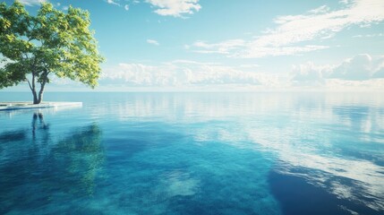 Fototapeta premium Tranquil Waterfront Scene with Clear Blue Waters and Lush Green Tree under Bright Sky