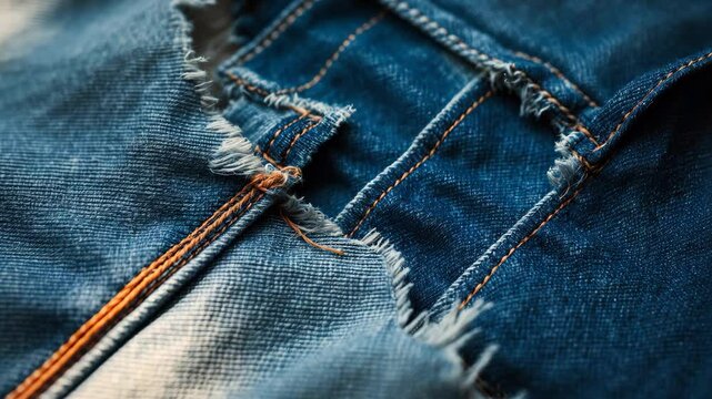 Denim blue jeans fabric edges. Torn denim textile. Worn damaged patch. Recycle vintage item. Seam area of trousers material.