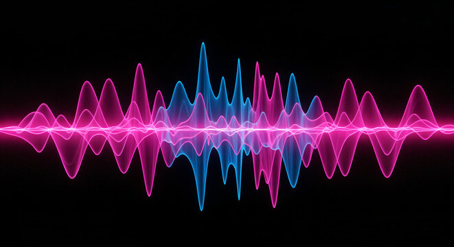 Fondo abstracto que representa vibrantes ondas sonoras en rosa y azul sobre un fondo oscuro, evocando energy.