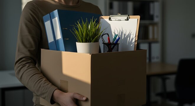 Man Carrying Cardboard Box with Office Items After Job Termination