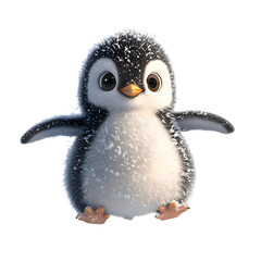 Fluffy 3D Cartoon Penguin Chick Waddling Through Snow Isolated on Transparent Background