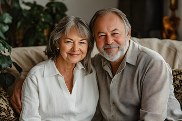 Portrait of a elderly couple sitting together, wearing earth-toned clothing in a light-filled room with white curtains, wooden details, and plants