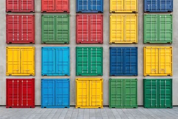 Fototapeta premium Colorful Shipping Containers Arranged on a Wall Generative AI