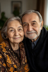 Portrait of a elderly couple sitting together, wearing earth-toned clothing in a light-filled room with white curtains, wooden details, and plants