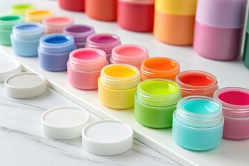 Colorful Jars of Craft Paint Arranged on a White Surface Generative AI