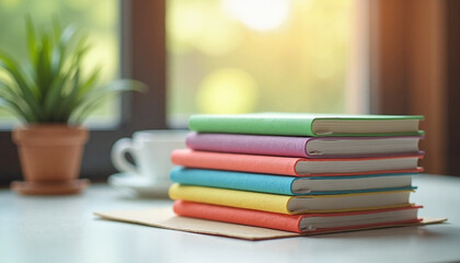 Colorful stacked books on a table near a window with plant, Notebook Stack Mockup 