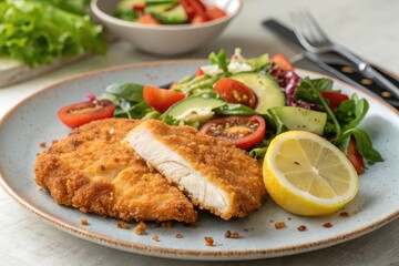 Crispy Chicken Fillet Served With Fresh Garden Salad and Lemon Generative AI