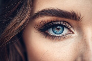 Fototapeta premium Close-up View of a Beautiful Blue Eye With Natural Lashes Generative AI