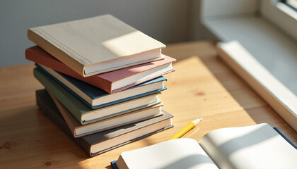 Stacked books with blank covers on a wooden table by a window, Notebook Stack Mockup  