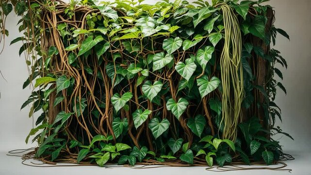 Three-leafed wild vine or bush grape liana ivy flourishing next to long pepper plant in the jungle, framed natural border, isolated on white with clipping path.