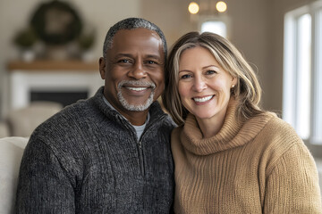 Portrait of a elderly couple sitting together, wearing earth-toned clothing in a light-filled room with white curtains, wooden details, and plants