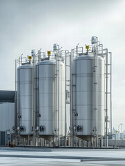 Obraz premium Industrial Silos: An eye-level view of towering metallic silos, emblems of industrial strength, bathed in natural light, create a sense of awe.