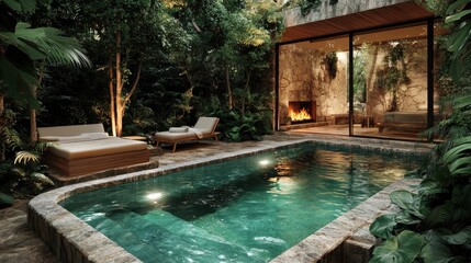 Serene Indoor Outdoor Oasis with Swimming Pool, Lush Greenery, and Cozy Fireplace in Modern Setting